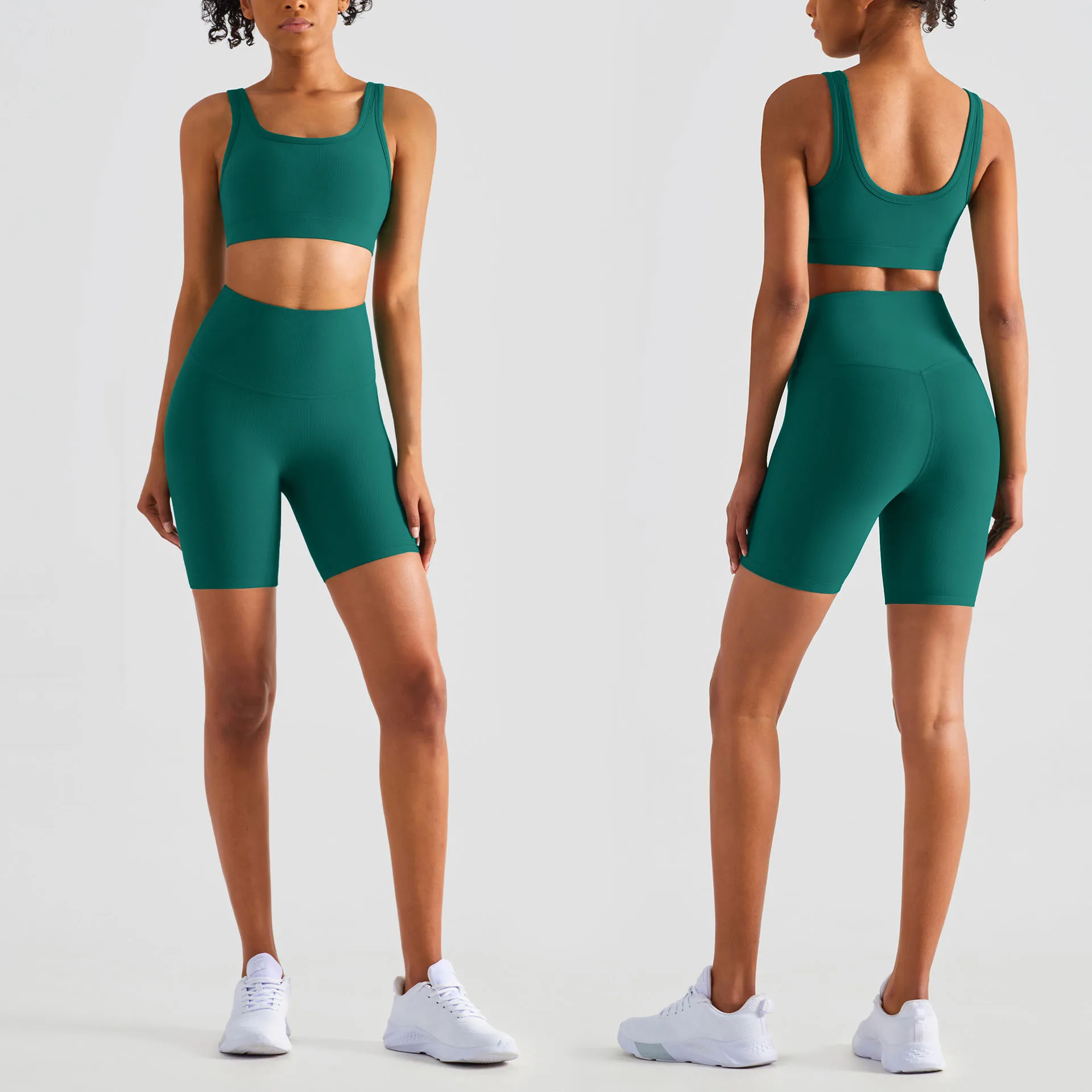 Women Elastic Compression Soft Quick Dry Ribbed Yoga Shorts and Bra Set