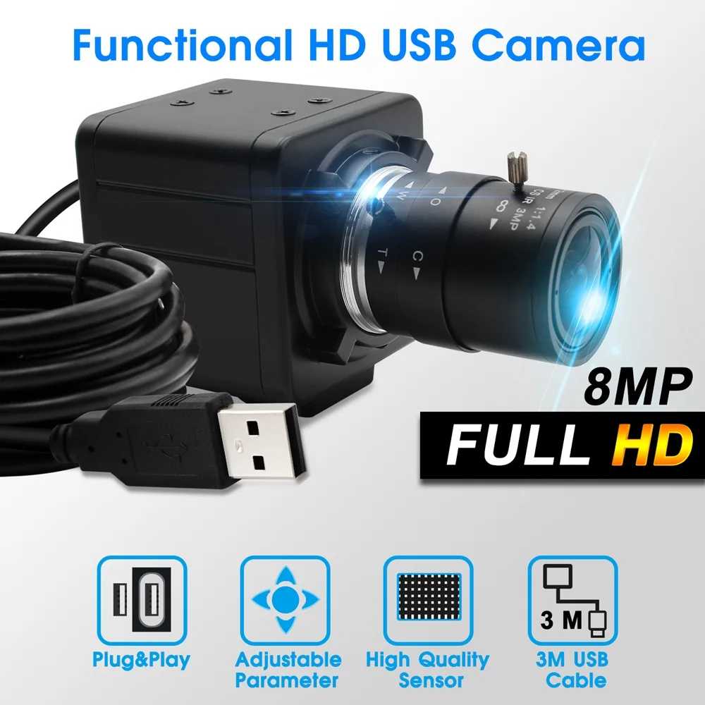 ELP Manual Focus Zoom 4x Varifocal IMX179 CMOS 8MP Video Conference Cam Web HD Surveillance Webcam UVC For Video Teaching
