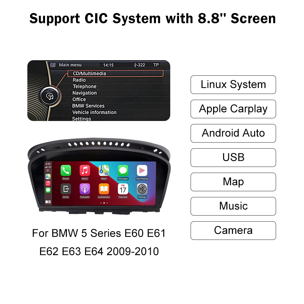 Road Top 8.8' Head Unit Wireless CarPlay Android Auto Car Multimedia Touch Screen For BMW 5 Series CIC System 2009-2010