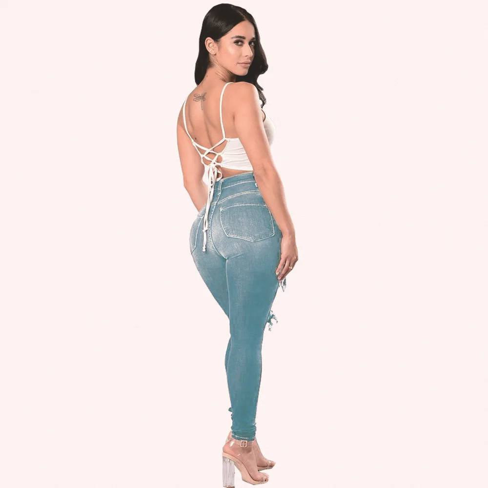  fashionThe new Bare legs skinny jeans blue High waist elasticity custom Slim