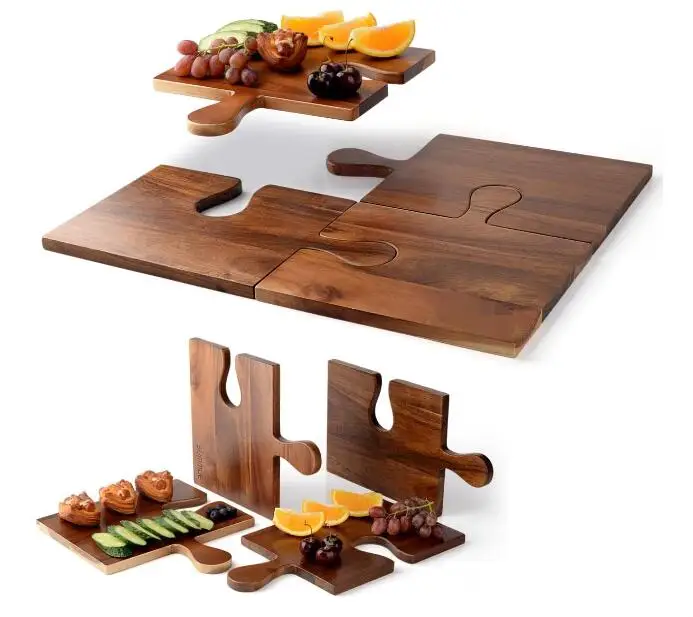 Set of 4 Large Acacia Wood Charcuterie Boards Puzzle Handles Disposable Wooden Cutting Deli Boards Home Kitchen Cheese Serving