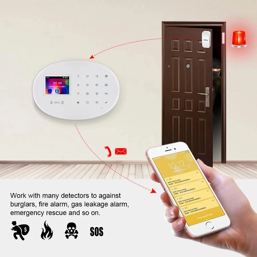 KERUI WIFI GSM Home Security Alarm System With 2.4 inch TFT Touch Panel APP Control Wireless Smart Home Burglar Alarm IP Camera