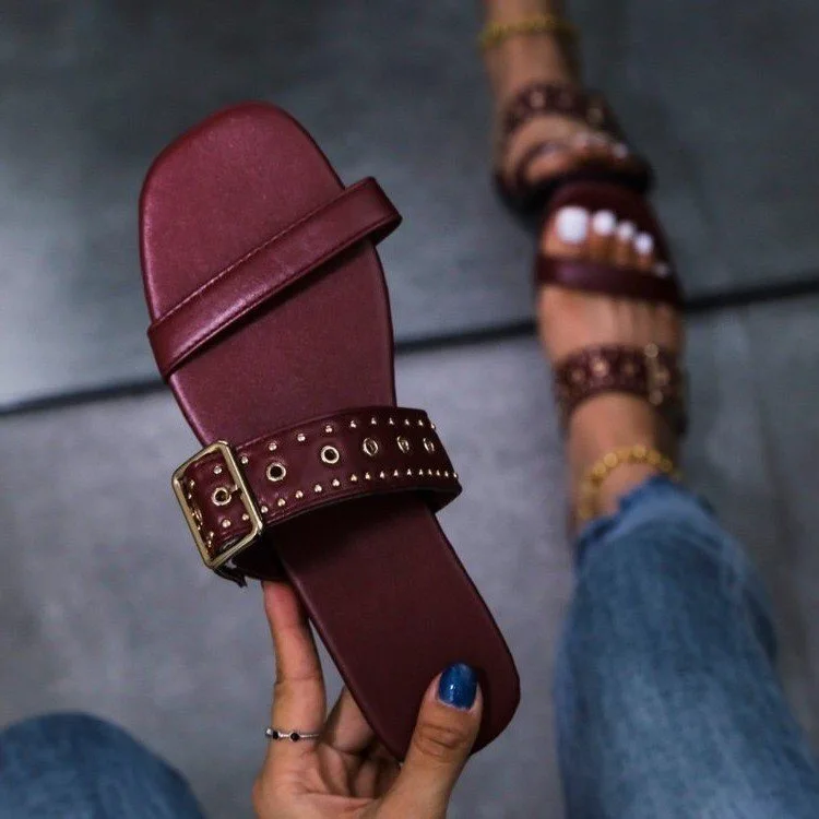 Сандалии женские на плоской подошве, двусторонние пляжные шлепанцы с металлическими стразами, удобные тапочки, для улицы