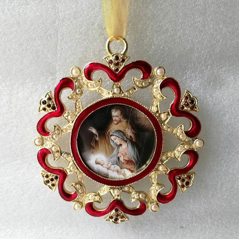 Gold Plated With Red Hand Epoxy And White ABS Pearls Jeweled Round Zinc Alloy Christmas Tree Frame Hanging Ornament