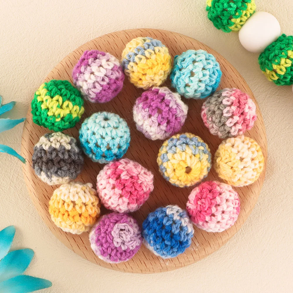 Organic Handmade 16mm Teething Wooden Colored Crochet beads Round Colour Mix Ball Knit Crochet Beads Baby Crochet Cotton Beads