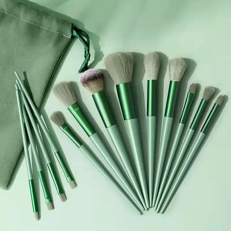New Style Cosmetic Green Wood Tube With Brush Head Makeup Brushes 13PCS Set Makeup Tool For Make Up