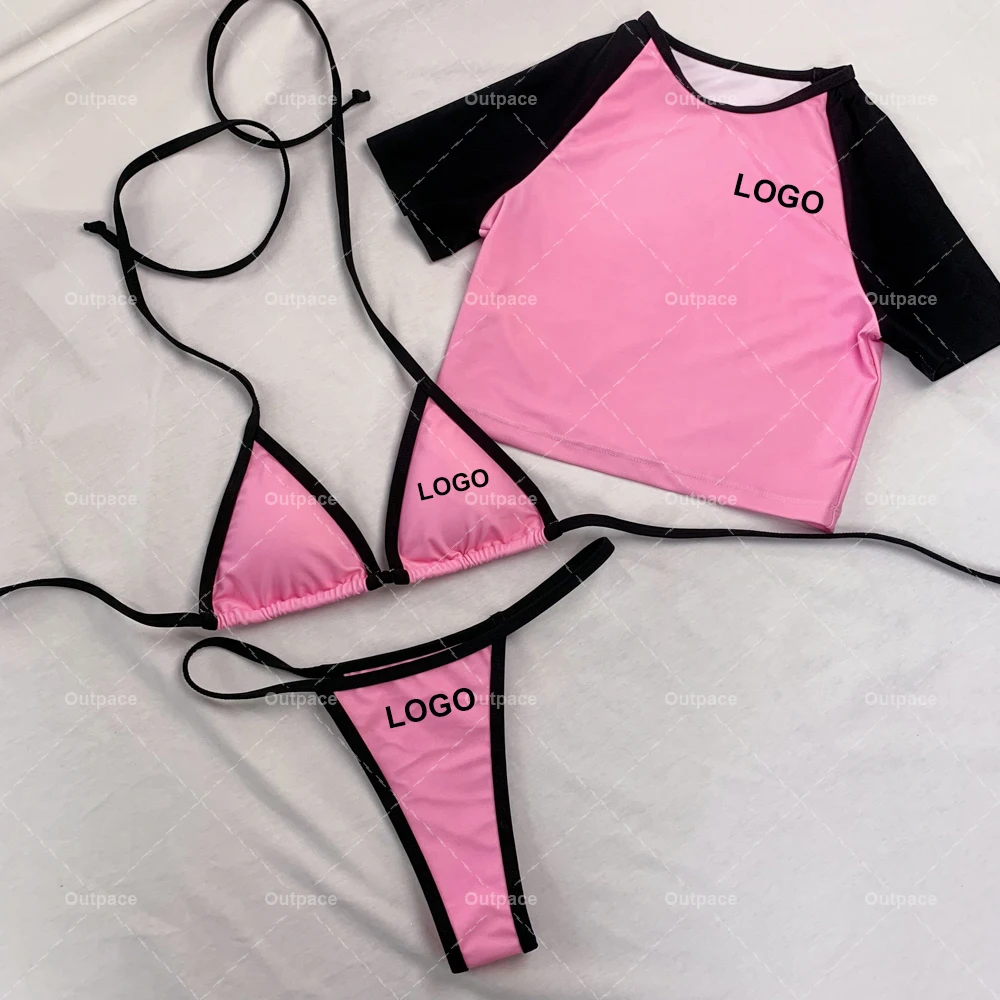 3D Custom Logo Micro Bikini 3 Piece Set XXL Size Sexy Mini String Thong Fitness Swimwear Triangle Bra Printed Bathing Suit Women