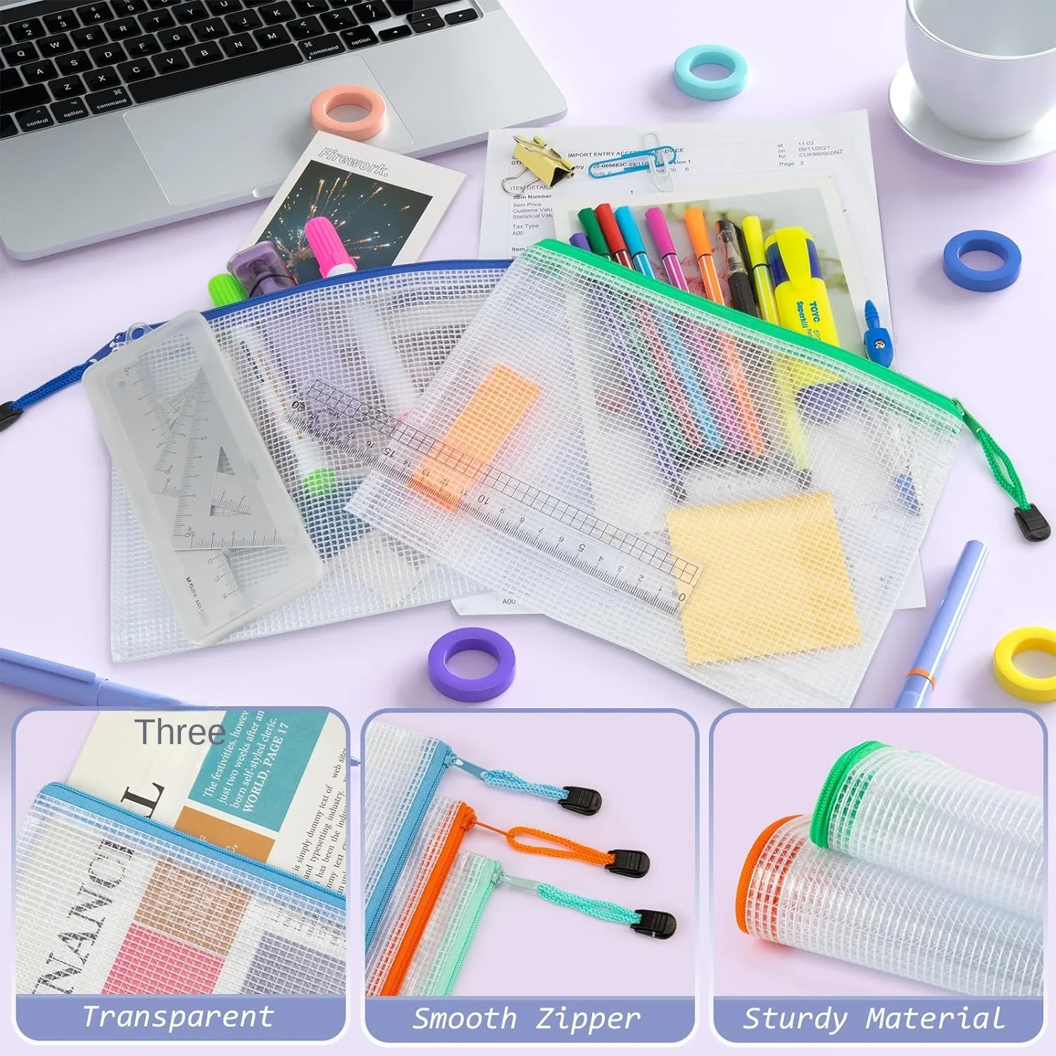 Eco-friendly Plastic File Folders Travel Essentials Organizer Clear Mesh Bags with Zipper PVC Paper Folder Pouches For Documents