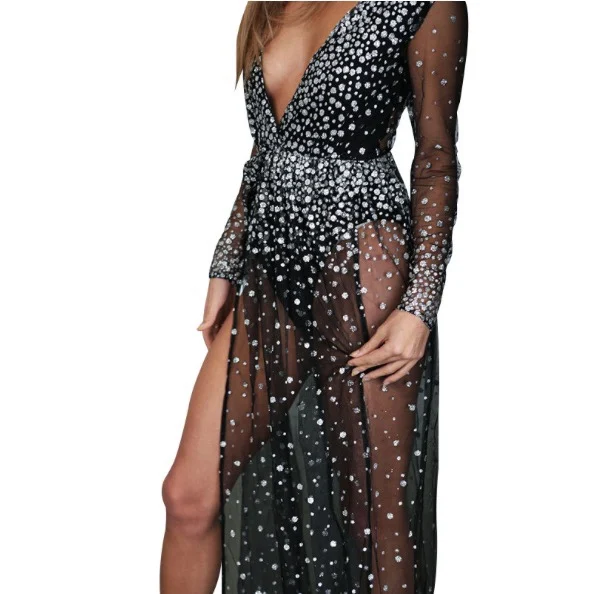 MAGICMK Guangzhou Women Clothes Deep V Transparent Sexy Night Dress For Girls Lady Frock Dress