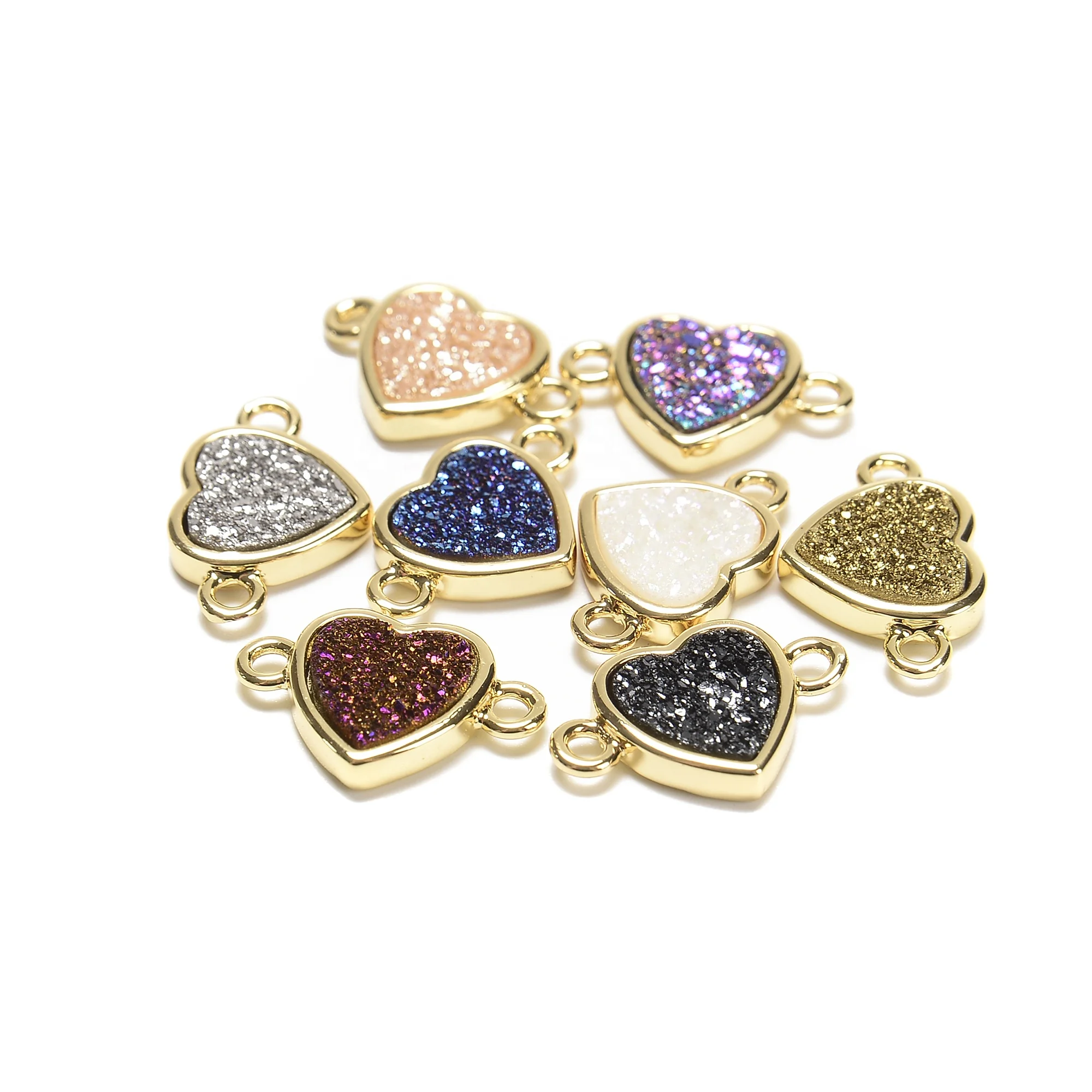 Silver Champagne Rainbow Clear Blue Purple Black Gold Druzy Agate Crystal Heart Connector Pendant Charm for Jewelry Making 11mm