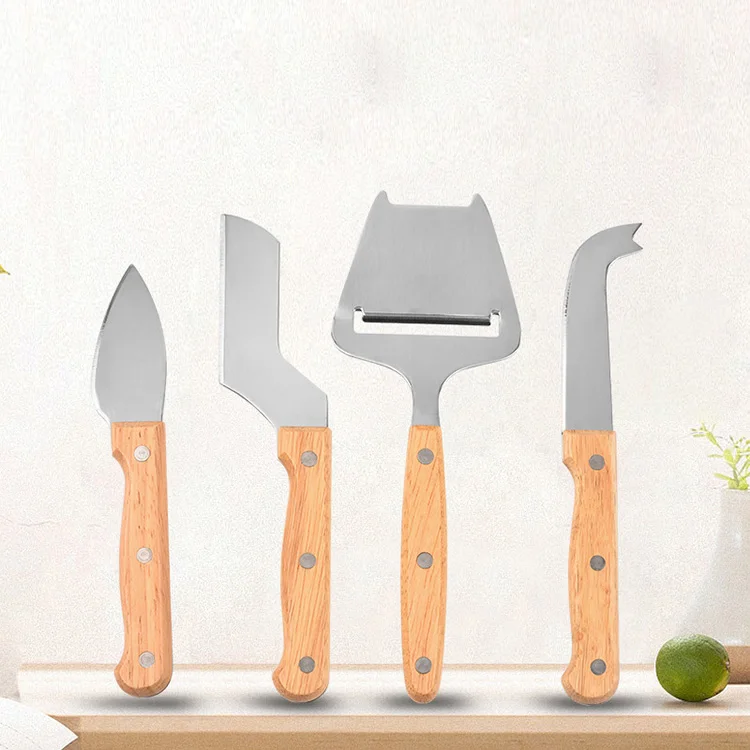 Yangjiang China Manufacturer Stainless Steel Cheese Knives Kit 4 Pieces Cheese Tools Wooden Cheese Board and Knife Set