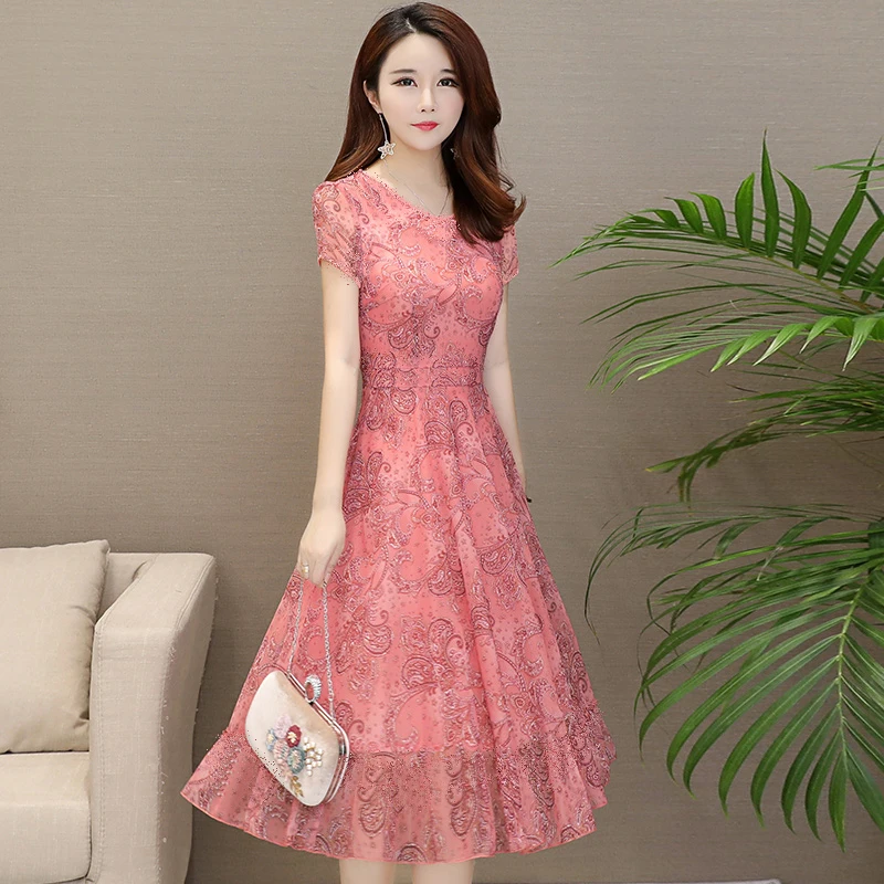 
New dress female large size mesh dress cheongsam type mother casual dress in the long paragraph big pendulum A word skirt 