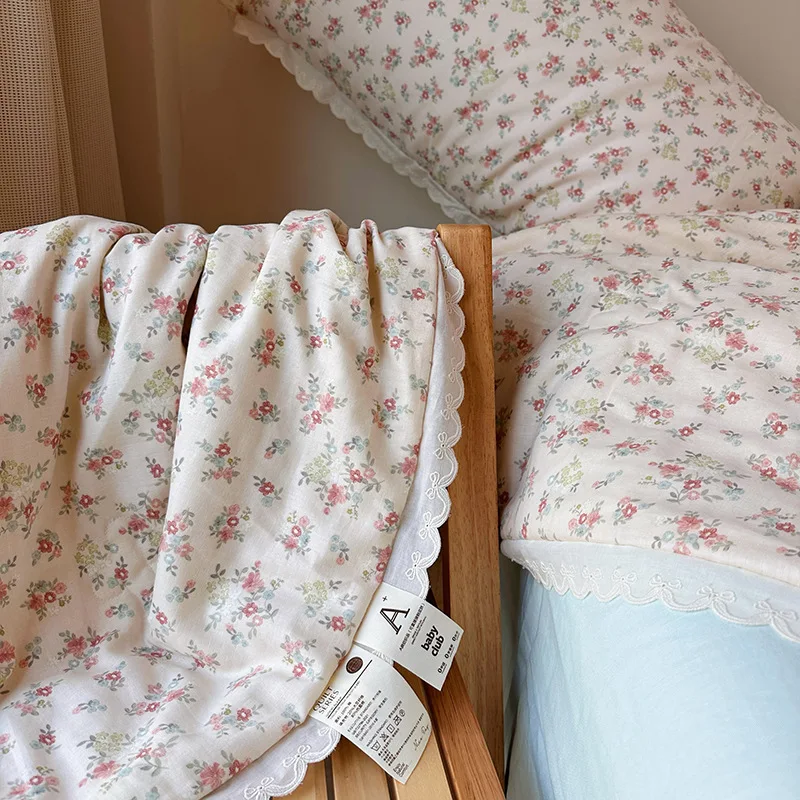 Pure cotton double-layer yarn lace summer cool quilt soybean fiber air conditioning quilt four piece set