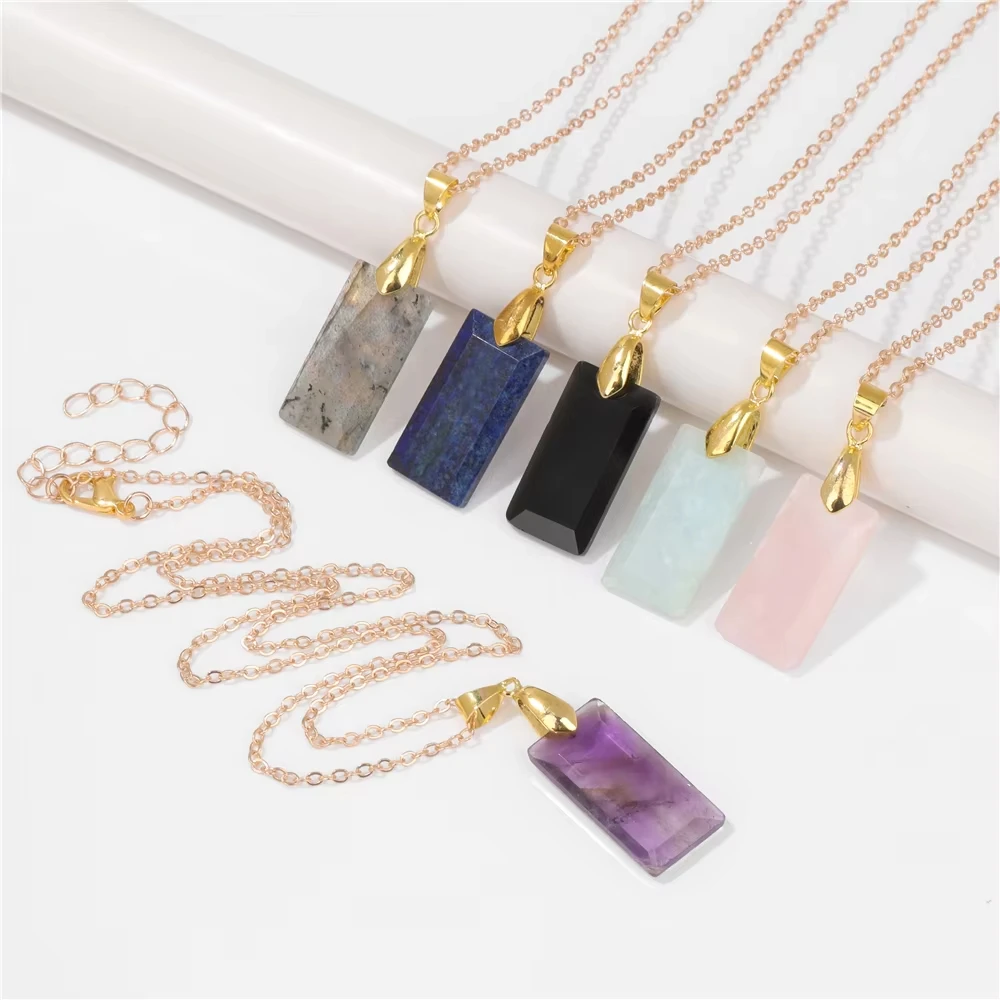 25mm Faceted Rectangle Gemstone Pendant Necklace Healing Crystal Carved Amethyst Stone Charm Stainless Steel Necklace