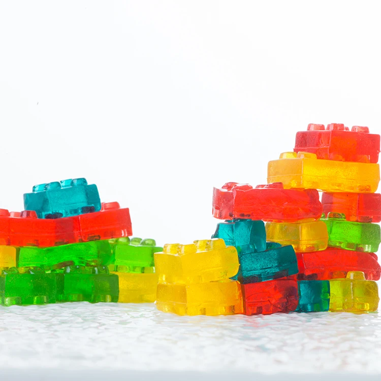 Amos OEM Candy Building Block Bonbons Custom Personal Label Halal Jam Filled 4D Jelly Gummy Soft Candy Sweets