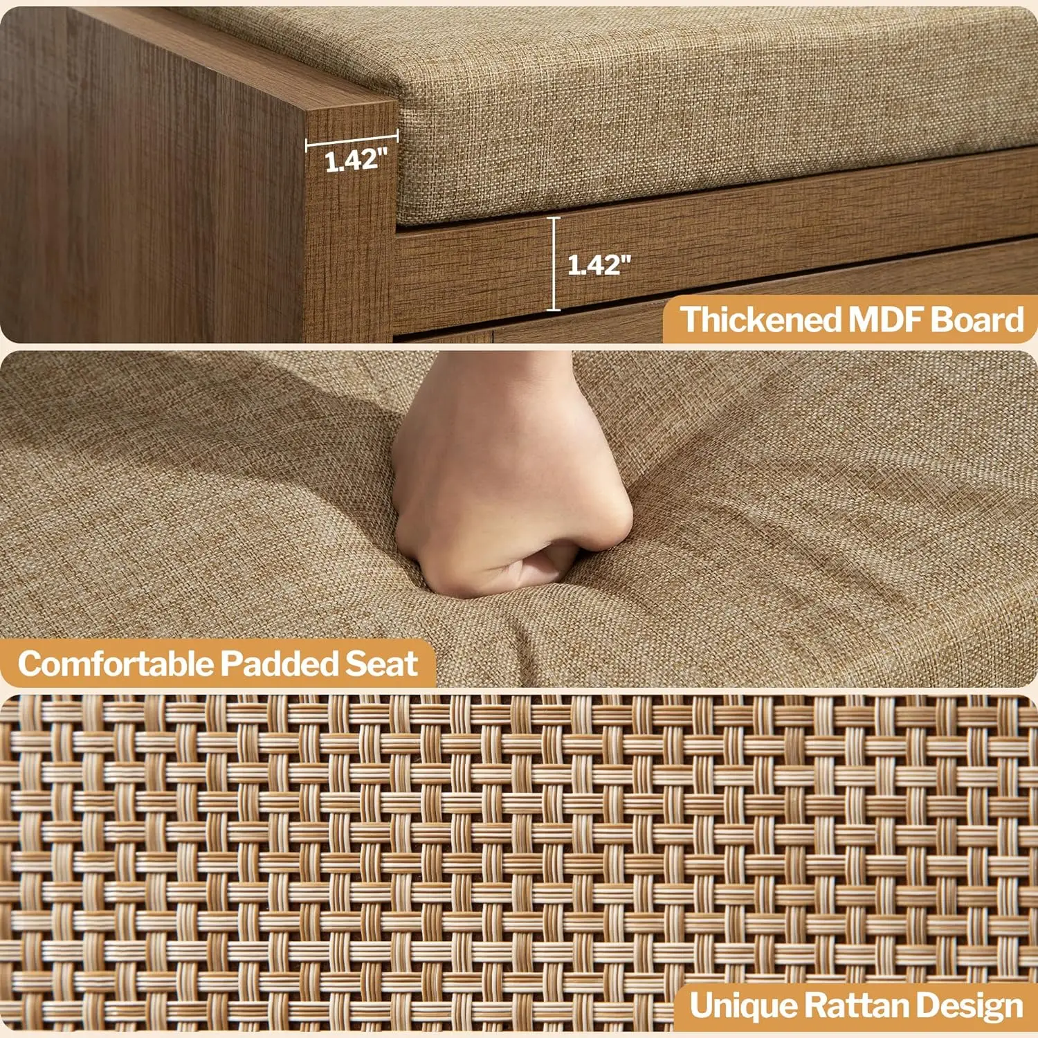 Natural Oak Farmhouse Bohemian Shoe Rack Bench Storage Drawers Rattan Linen Cushions Decorative Storage Stools Hallway Bedroom