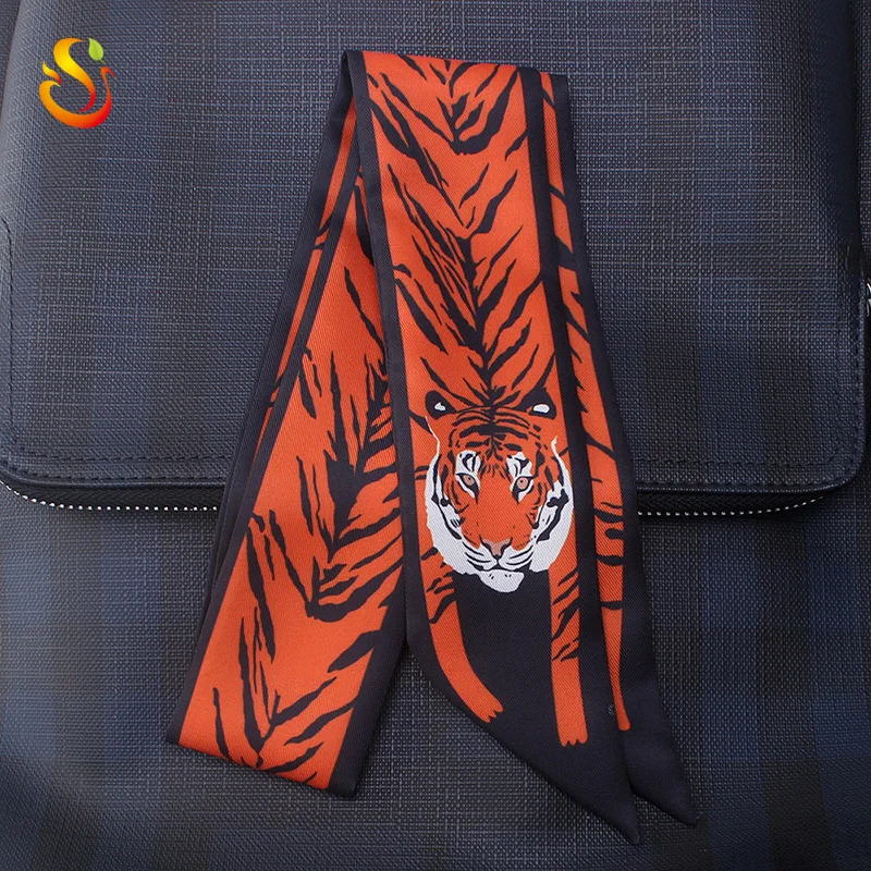 
European and American animal printed polyester silk twill scarves narrow binding bag handle small silk scarf wholesale 