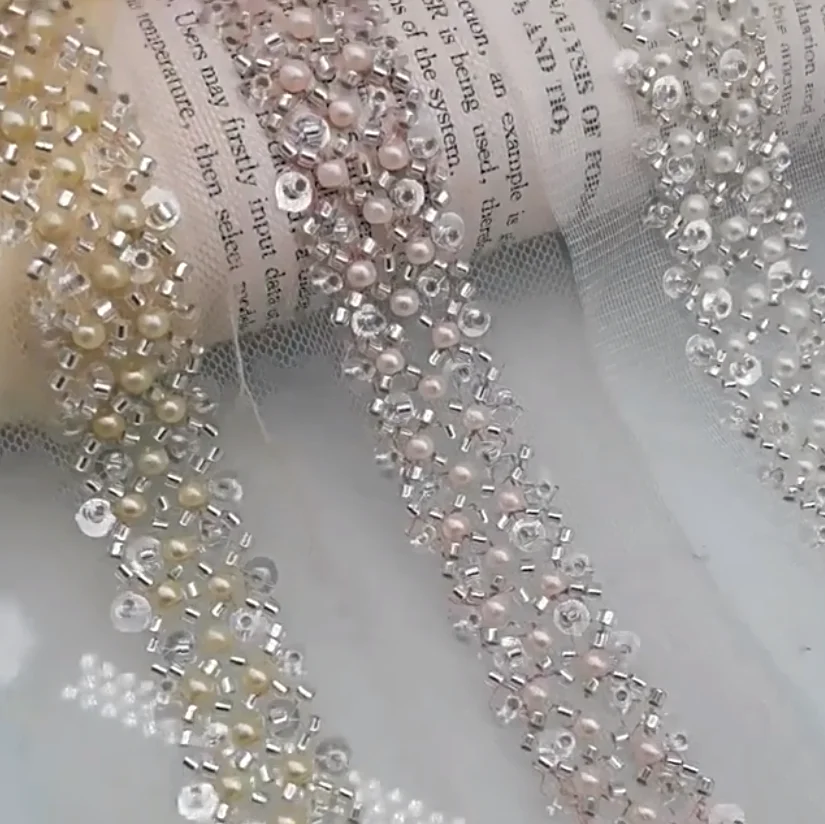 Width 5 cm Handmade Shiny pearls lace ribbon flower beads Sequins tulle mesh lace trim for dress curtain Collar