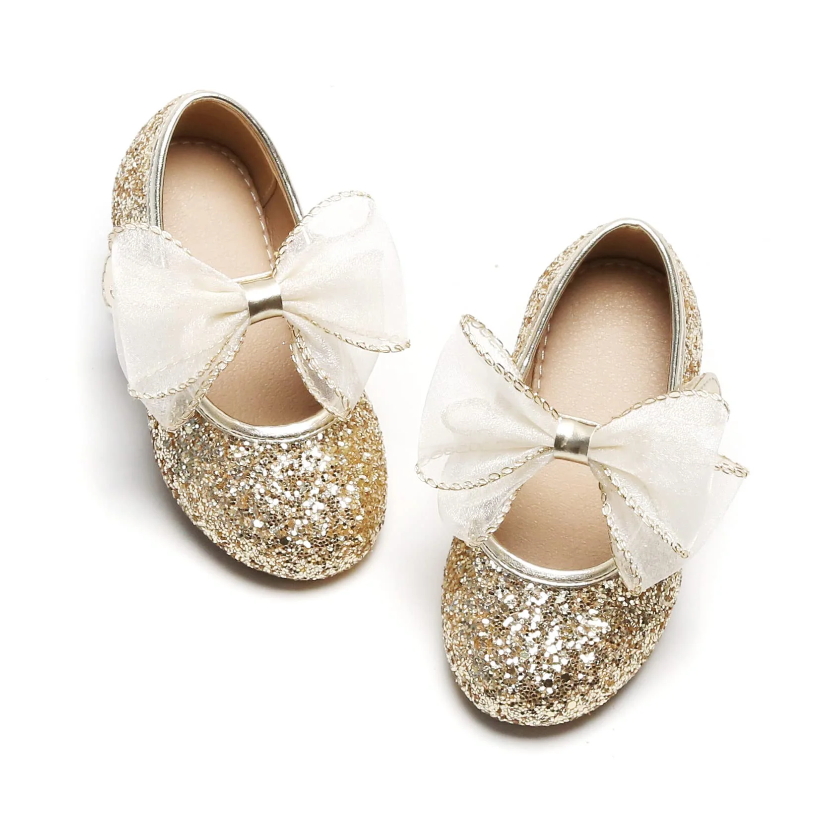 T Strap Gold PU Bow Party School Wedding Mary Jane Custom Girls Flats Dress Shoes
