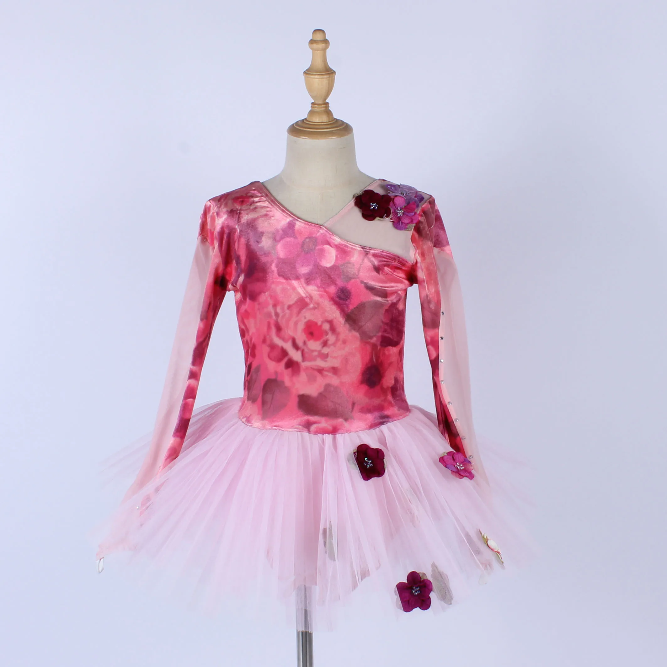girls classic ballet dress pink velvet flower printed party dance wear long sleeve fairy dance costume