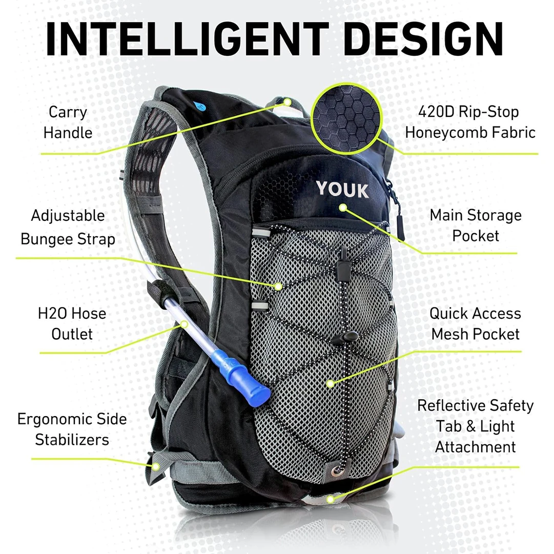 Lightweight 2L Hydration Pack Insulated Nylon Water Bladder High Flow Bite Valve Running Backpack Storage Outdoor Activities