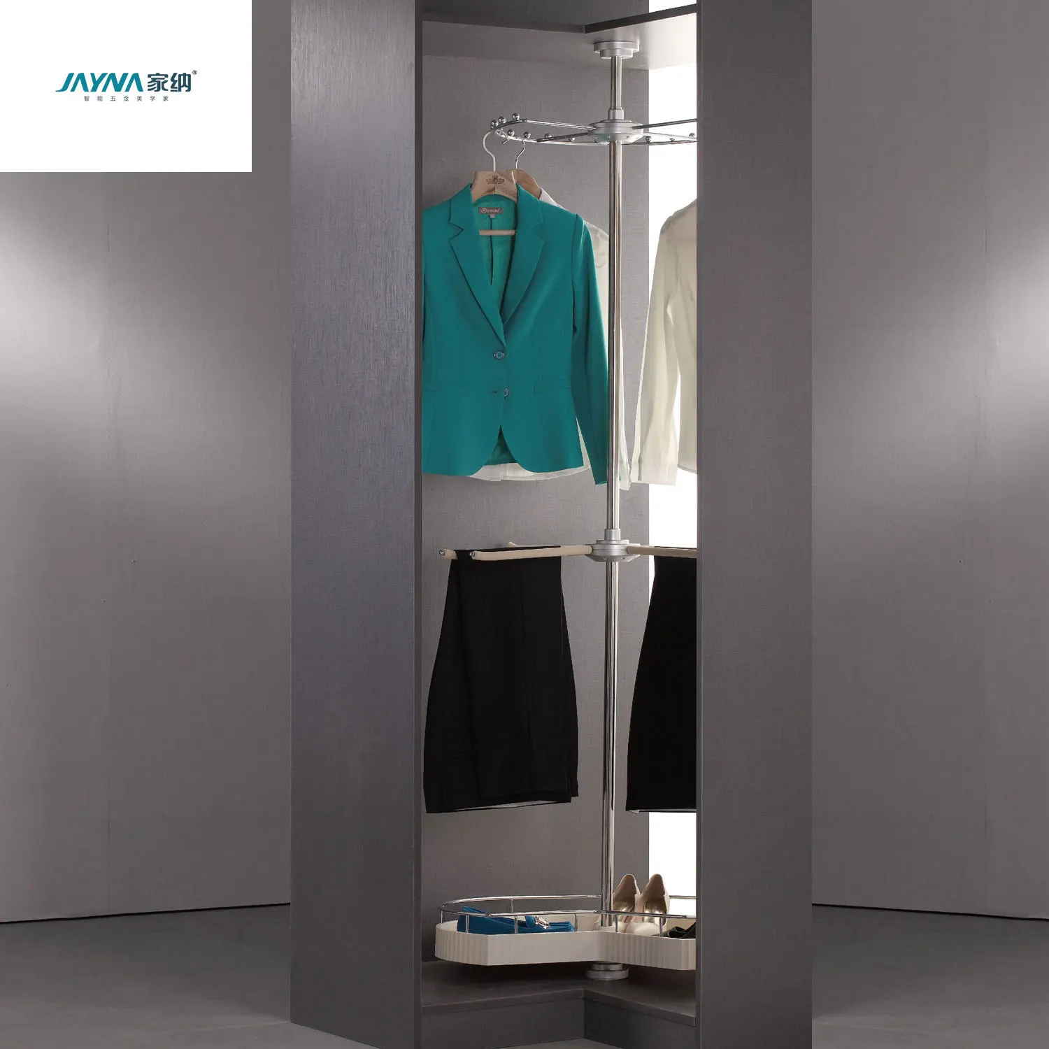 
90 Degrees Corner Cabinet Wardrobe Multifunctional Organizer Revolving Basket And Clothes Trouser Hanger Rack 