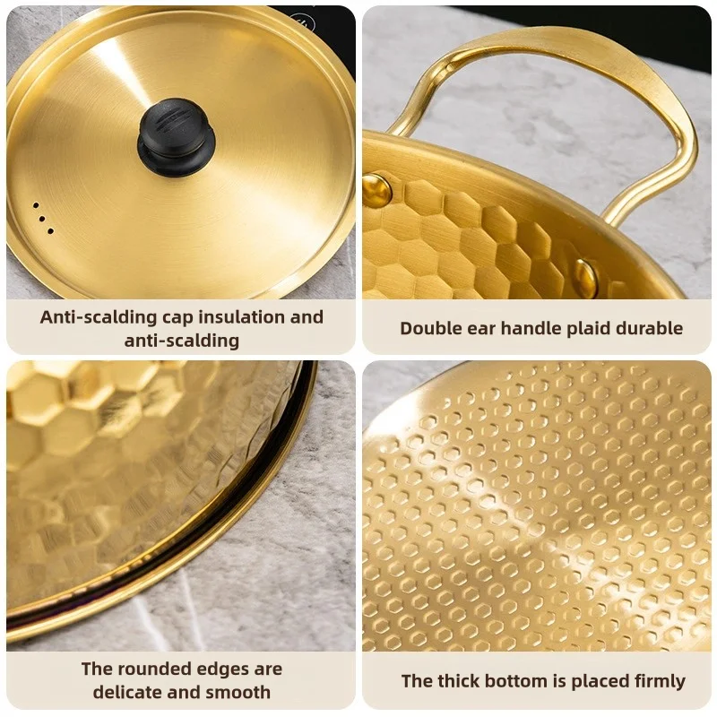 Корейская Двойная Ручка Золото Серебро мгновенная нержавеющая сталь лапша небольшой кипящий суп горшок для индукционной кулинарии с крышкой