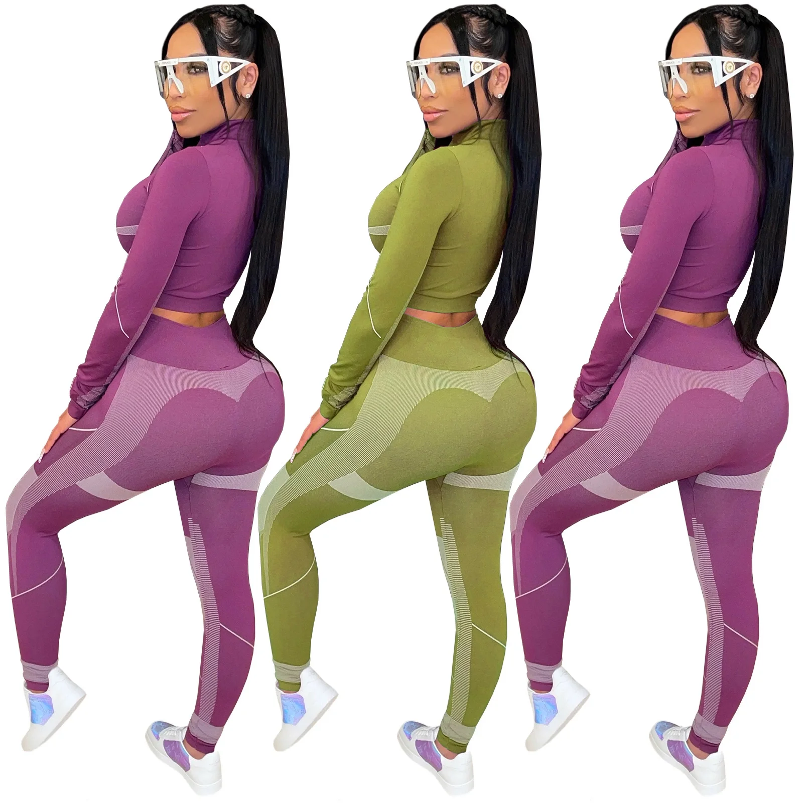 
 Женский комплект из двух предметов J & H, укороченный Топ с длинным рукавом и v-образным вырезом, леггинсы с высокой талией и эффектом подтяжки ягодиц, одежда для отдыха из спандекса, большие размеры  