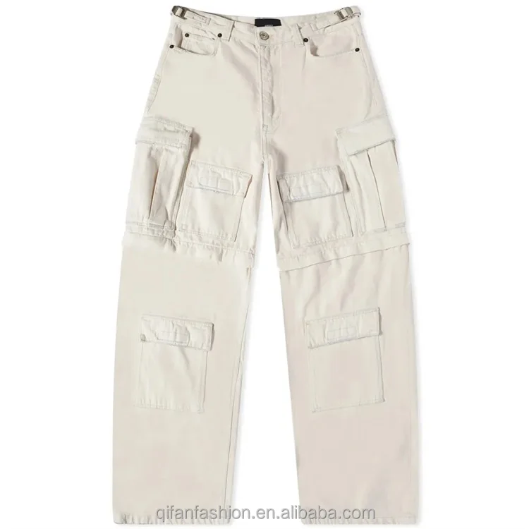Custom beige zip off at the knees shorts multiple pockets oversized cargo pants for men