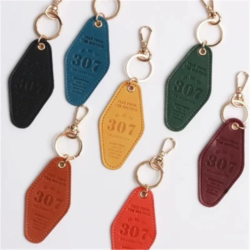 Wholesale Custom Embossed Logo Pure Color Hotel Keychain Blank PU Leather Hotel Room Keychain With Metal Hook Key Tags