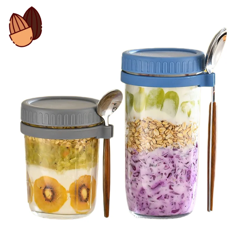 YONGLI Oats Overnight Oats Glass Mason Overnight Jars Set with Lid and with Spoon 12oz Plastic Containers for Oats