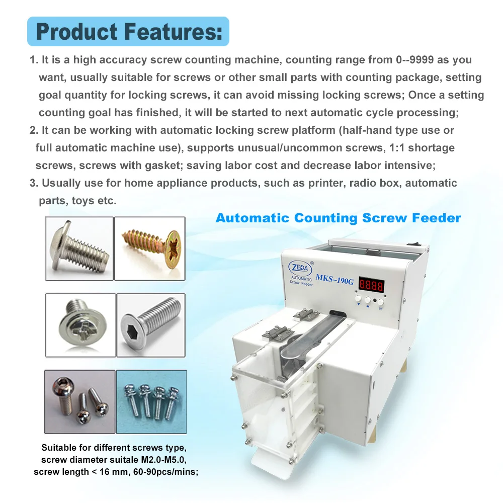 ZEDA MKS190G suitable use M2.0-M5.0 screw 450ml container factory assembly line counting lab automatic screw feeder machine