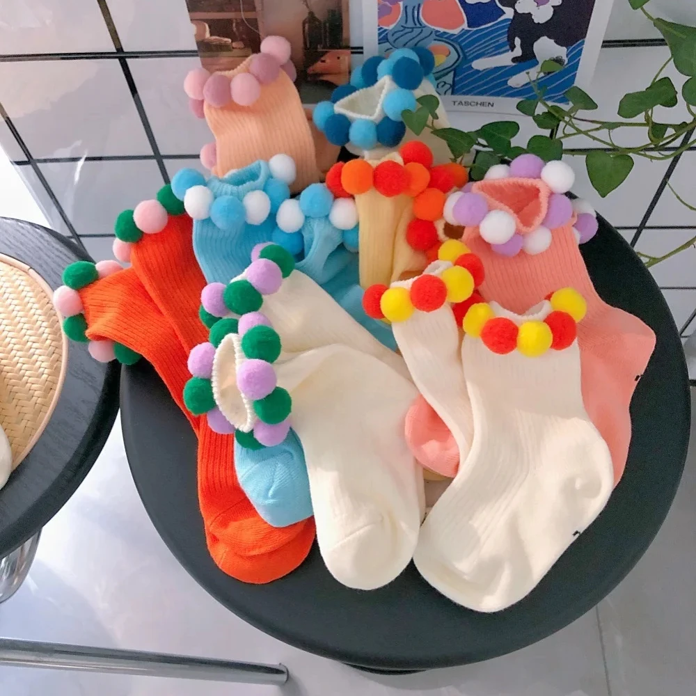 New Solid Color Baby Toddler Cotton Sock Anti Slip Ribbed Kids Pompom Socks