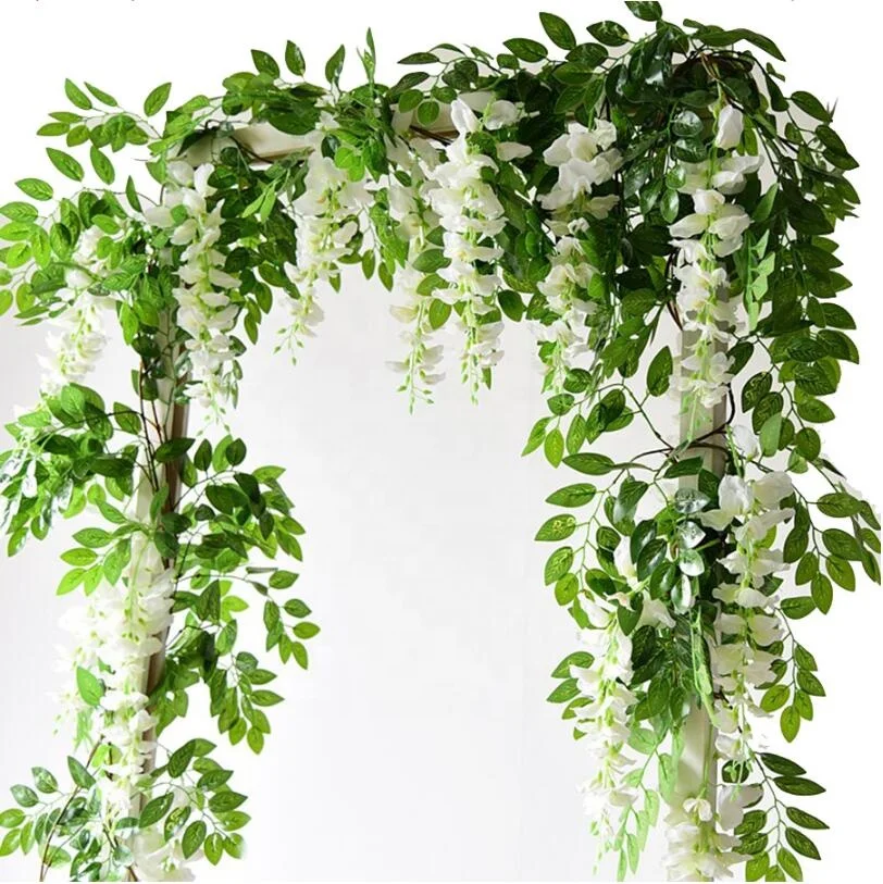2M Wisteria Artificial Flowers Vine Garland Wedding Arch Decoration 5 Colors Foliage Rattan Trailing Faux Flowers Ivy Wall