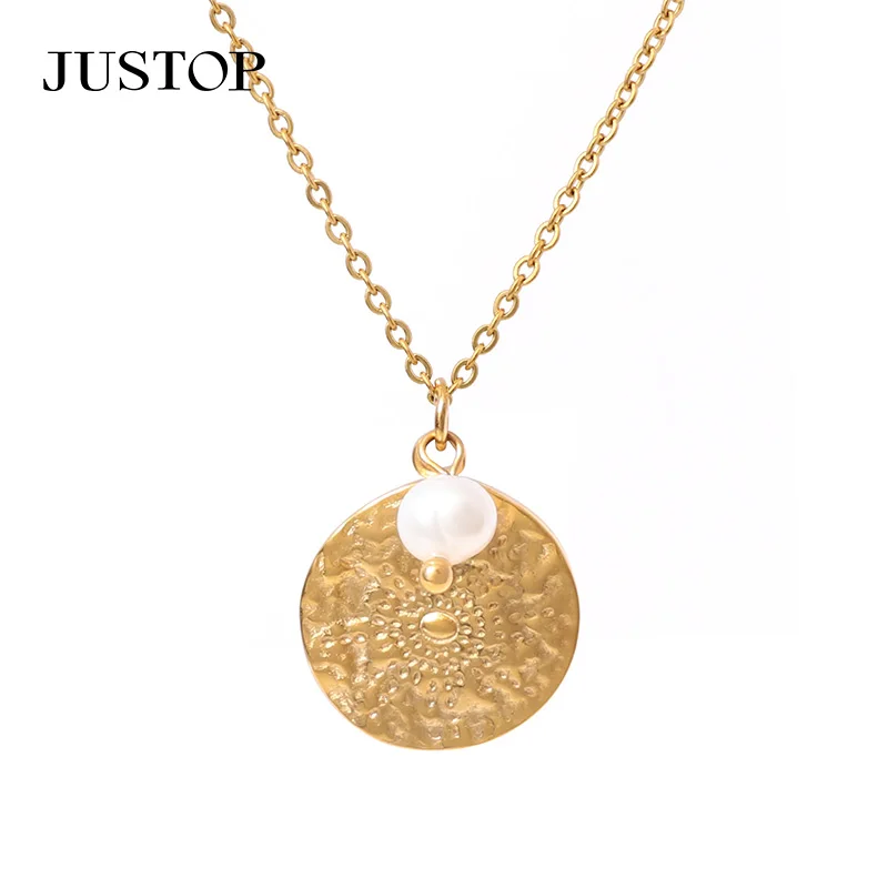 Fashion Jewelry 18k Gold Plated Stainless Steel Necklaces Round Pendant Freshwater Pearl Charm Pendant Necklace