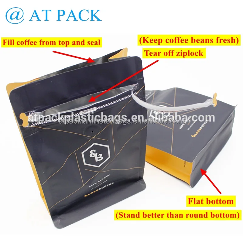 AT PACK Low Price Flat Bottom Coffee Bags With Valve Aluminium Foil Bag For Coffee Beans Packaging