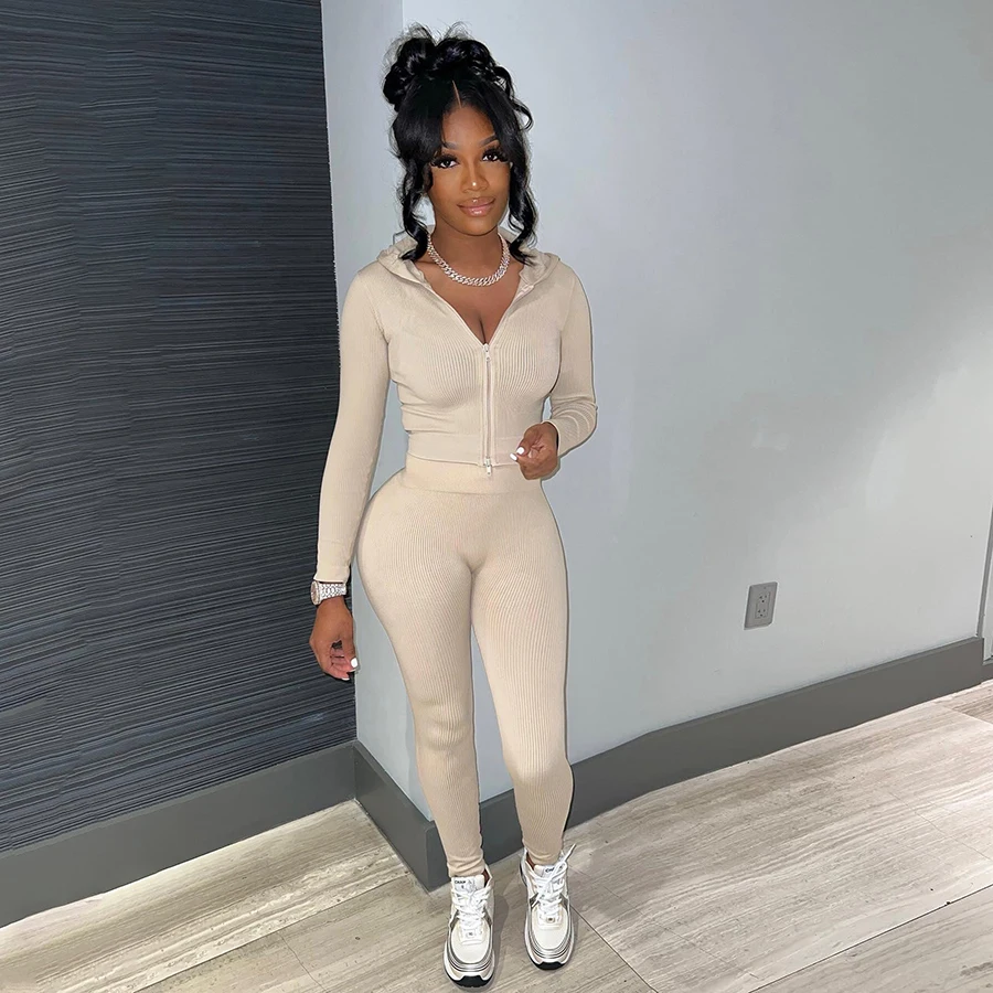 Kliou K23S37386 Fall clothing casual women zipper two piece outfits hooded sweat suit jogger tracksuit set