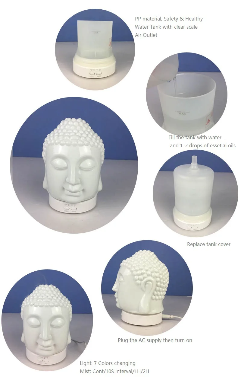 Bedroom Decor Gift Essential Oil Diffuser Ceramic Buddha Head Diffusers Yoga Spa Home Ultrasonic Aroma Humidifier Warm Light