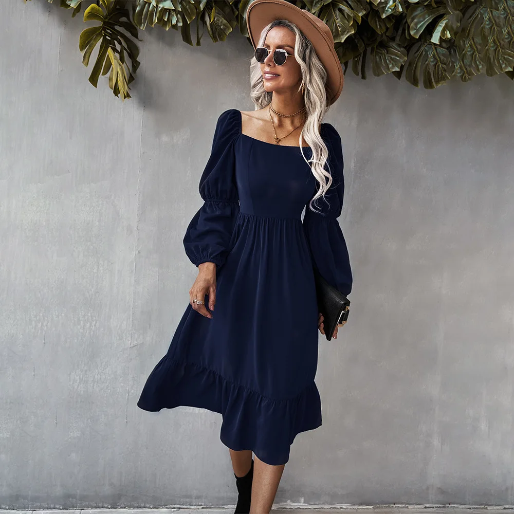 High Quality French Design Vintage Square Collar Long Fall Dress Sundress Women Elegant Dinner Long Sleeve Midi Dresses Evening