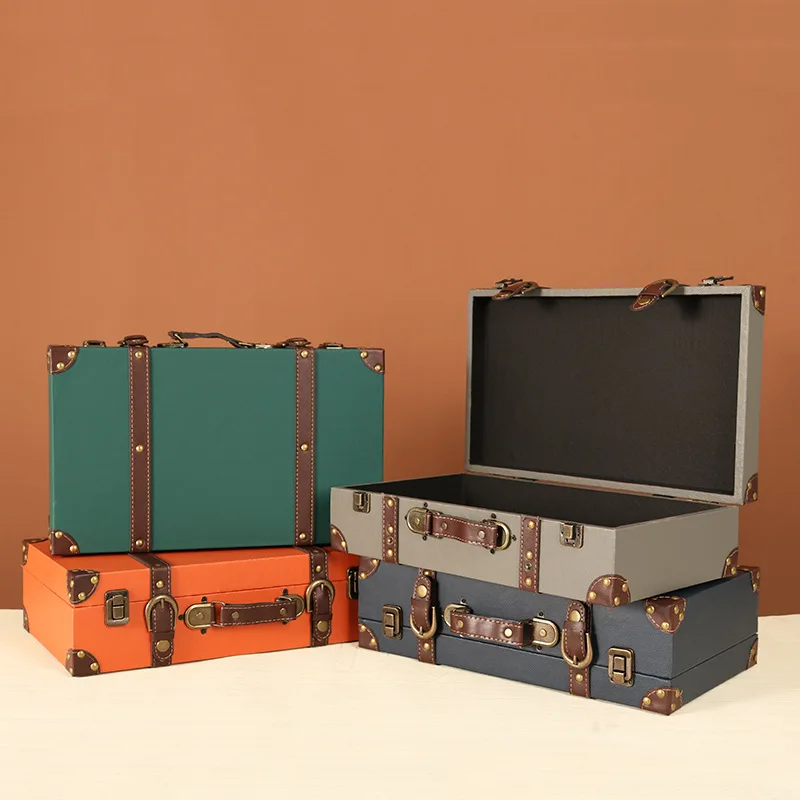 Storage organization wooden box suitcase wedding photography props wooden retro nostalgic portable PU leather Suitcase