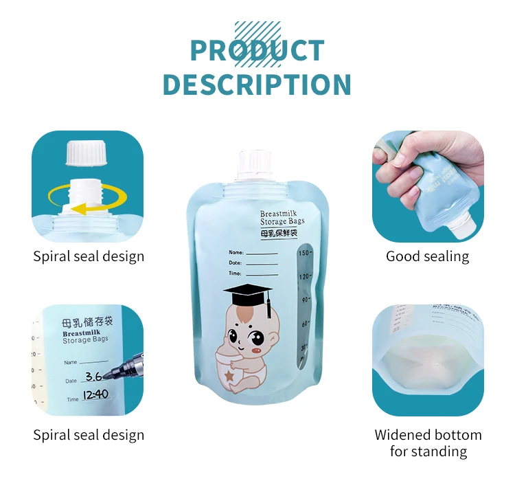 AIUDO Temperature Resistant Easy Tear Seal Double Sealing Chain Standing Base Accurate Capacity Pre-Sterilized Breast Milk Bag