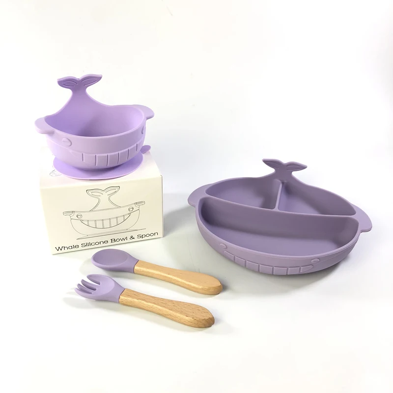 New hot sale whale Suction Plate Food Feeding Dishes Silicone tableware baby bowl plate and spoon set