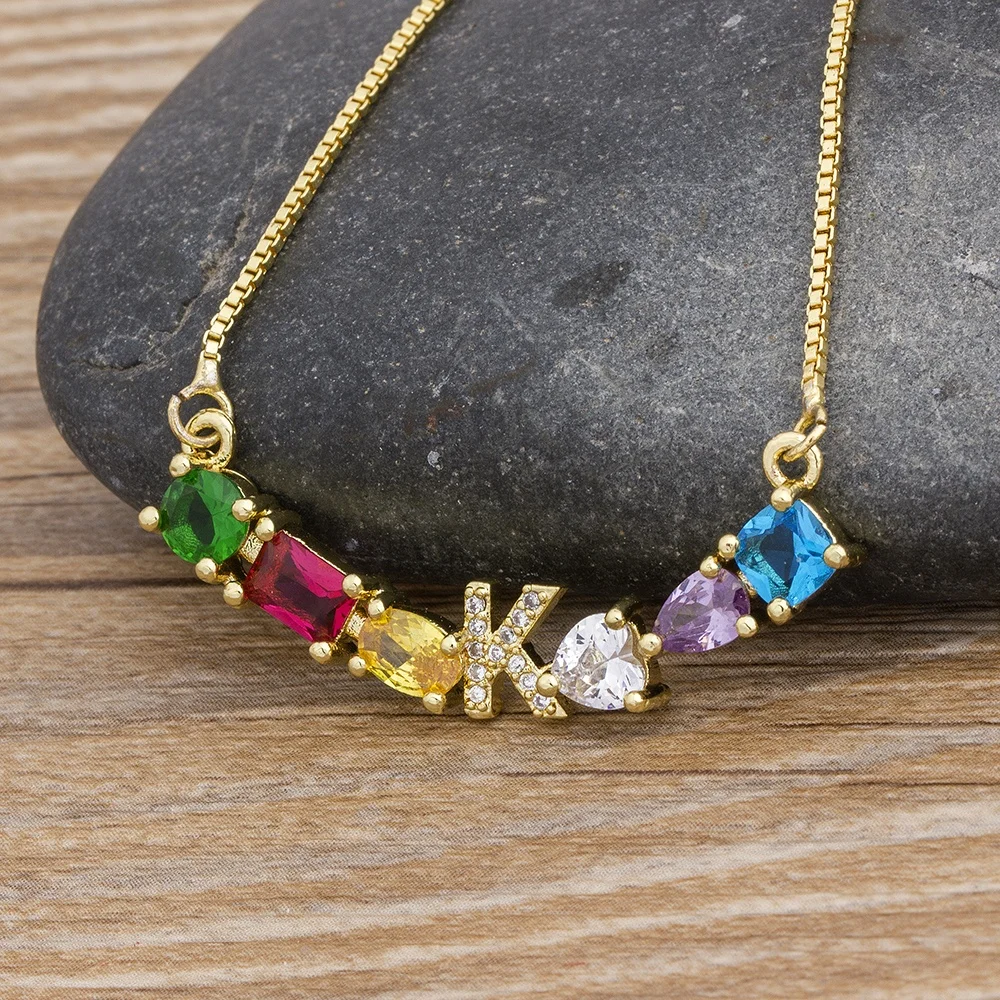 
26 pcs/lot 2020 New Design Luxury Initial Alphabet A-Z Letter Charm Rainbow Pendant Necklace Copper Zircon Choker Family Jewelry 