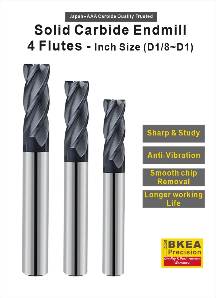 BKEA Carbide 4 Flutes Square Endmill Inch Size in Stock CNC Machine Tools Milling Cutter Hss Cutting Tools