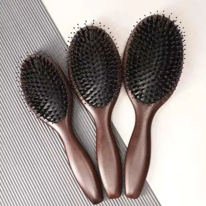 Factory Custom Logo Natural Boar Bristle Hair Brush Brown Beech wood Massager Hair Brush