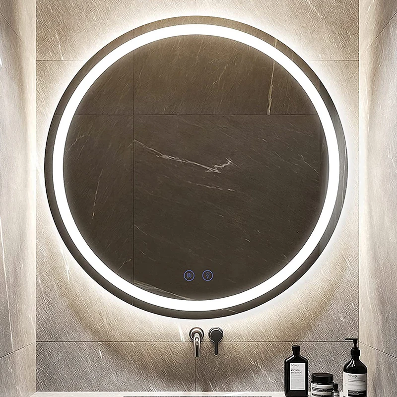 Touch Sensor Smart Custom Stepless Dimmable Backlit Bathroom Anti Fog With Led Light Round Mirror