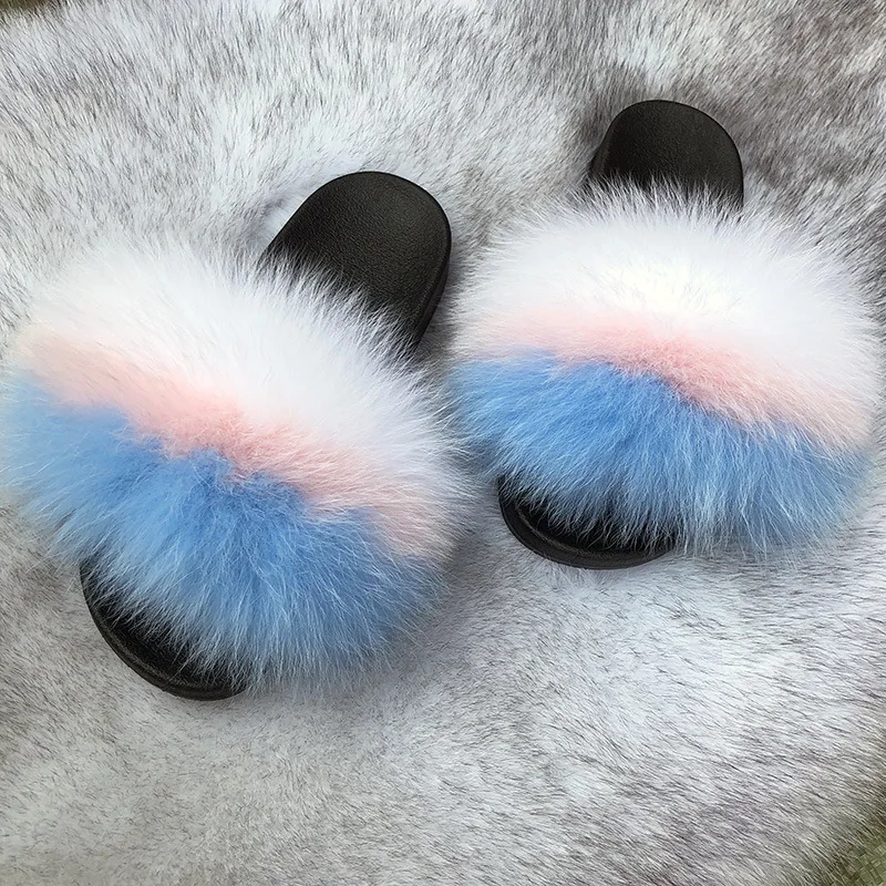 
Fake fur faux fox ball lady flip flops sandal slides slippers for women furry 