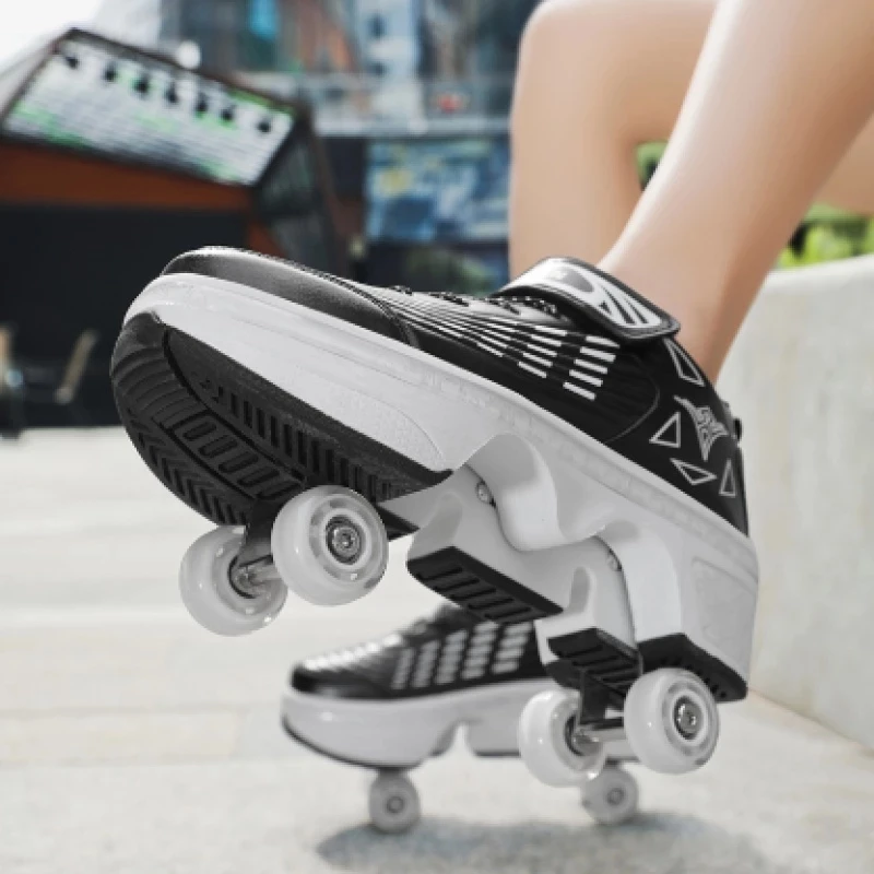 Sport Roller Skates Shoes 4 Four Wheels Kick Roller Shoes For Kids Deformation Kids Kick 4 Wheel Roller Skates Shoes