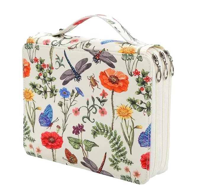 High Quality Custom 124-Hole Leather Multi-Color Large Capacity Color Pencil, Pen Zipper three layers Pencil bag