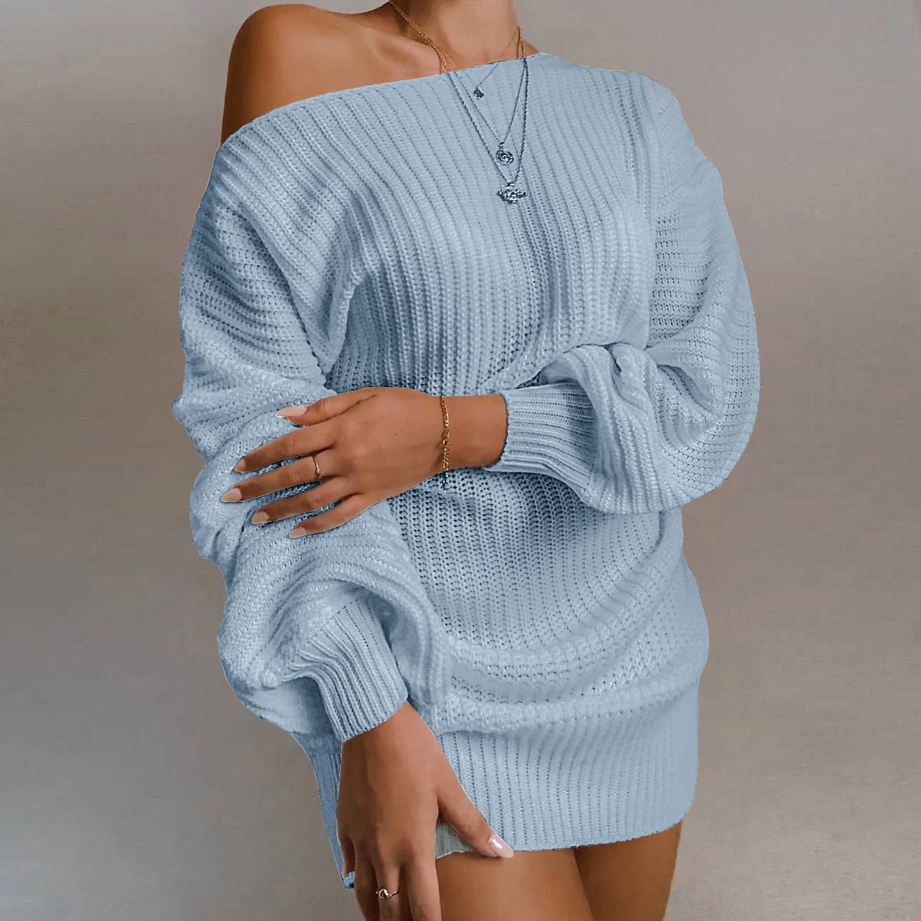 Urban beauty elegant casual solid color off shoulder lantern sleeve knit sweater dresses lady